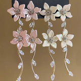 Daiiibabyyy  Fashion Crystal Flower Tassel Drop Earrings for Women Girls Exquisite Zircon Pink Petal Long Earrings Wedding Jewelry Gifts