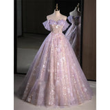 Daiiibabyyy  Light Luxury Pink Purple Evening Dress Women Sweet Pleated Off The Shoulder Flower Applique Prom Gown Sequins A-Line Vestido