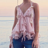 Daiiibabyyy  Y2k Cute Pink Ruffle Chiffon Cami Top Sexy V-neck Vest Tiered Flowy Sleeveless Blouse Summer New Casual Women's Clothing