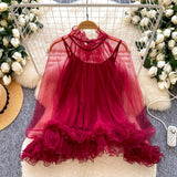 Daiiibabyyy  New Korean 2 Piece Sets See Through Ruffled Cropped Blouse + Sexy Solid Vest Suit Roupas Femme Fashion Solid Color Y2k Outfits