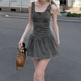 Daiiibabyyy  Women Plaid Printed Square Collar Sleeveless High Waisted Bow Patchwork Backless Simple Style Cute Sling Pleated Tank Dress
