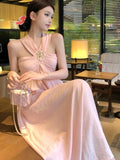 Daiiibabyyy Women Elegant Pink Sleeveless Backless Long Dresses Summer Holiday Goddess High Waist Halter Pleated A-line Sundress Vestido