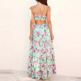 Daiiibabyyy  Flower Print Hollow Suspender Long Dress Fashion Women Off Shoulder Pleated Bohemian Dress Vacation Backless Summer Casual Dress