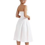 Daiiibabyyy  Sexy White Slash Collar Backless Midi Long Strapless Dress Women Pleated Folded Low Waist Pleated Ruched Hem Swing Party Robe