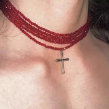 Daiiibabyyy  Gothic Exaggerated Large Butterfly Pendant Choker Cross Star Red Bead Necklace For Women Halloween Grunge Jewelry Accessories