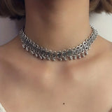 Daiiibabyyy  Vintage Silvery Geometric Carved Bell Tassel Choker Necklace for Women Gypsy Boho Ethnic Clavicle Chain African Collar Jewelry