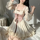DAIIIBABYYY  -  Fresh Sweet Lolita Summer New Spliced Square Collar Bow Drawing Floral Fashion Solid Elegant Casual Long Sleeved Dresses