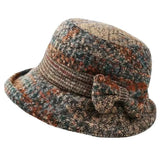 Daiiibabyyy  Vintage Thickened Middle Aged Women Bucket Hat Windproof Warm Bow Top Hat Short Brim Faux Woolen Cloche Hat Elderly Mom