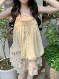 DAIIIBABYYY  -  Ethnic Style Pink Green Floral Pleated Sling Loose Flower Bud Women Summer New Dopamine Patchwork Square Neck Slip Dress