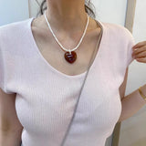 Daiiibabyyy  Minar Wholesale White Opal Natural Stone Red Resin Love Heart Pendant Necklaces for Women Silver Plated Chain Strand Chokers
