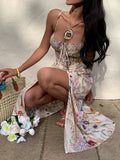 Daiiibabyyy  Women's Floral Print Slit Strap Midi Dress Summer Casual Beach Holiday Resort