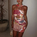 Daiiibabyyy  Fashion High Waist A-line Dresses 2025 Summer Sexy Hollow Sleeveless Wrap Hip Dress Casual Lady Off Shoulder Printed Mini Dress