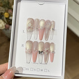 Daiiibabyyy  10pcs Handmade Press On Nails Ice Transparent Glass Sensation Cat Eye False Nails White Flower Flash Powder Long Almond Manicure
