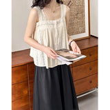 DAIIIBABYYY  -  Summer New Top Plaid Patched Lace Lace Edge Age Reducing Sleeveless Doll Shirt