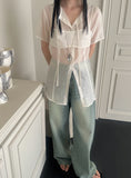 DAIIIBABYYY  -  Sun Protection 2 Piece Sets Women See Through Harajuku Single Breasted Shirt + Streetwear Crop Vest Y2k Aesthetic Outfits Suit