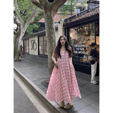 DAIIIBABYYY  -  Pink Checkered Sleeveless Dress Women Summer 2025 New Vacation Style Cinched Waist Slimming Round Neck Vest Dresses