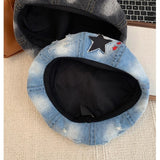 Daiiibabyyy  Japanese Retro Star Embroidered Denim Berets Cap Y2K Summer and Autumn Casual Versatile Literary Personality Women's Hats