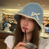 DAIIIBABYY  -  2024 New Thin Knitted Bucket Hats Summer Outdoor Travel Korean Version Fashion Bow Design Versatile Breathable Women's Caps