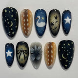 Daiiibabyyy  24pcs Wearable Press on Nails Sets Blue Mid-length Almond False Nail with Leaves Pearl Starlight Design Fake Nail Tips Manicure