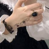 Daiiibabyyy  Lolita Gothic Crystal Finger Bracelet for Women Baroque Rose Lace Bracelet with Finger Ring Charm Vampire Hand Jewelry Pulseras