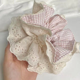 Daiiibabyyy  1PC Large Pink Plaid Hair Scrunchie With Lace Trim, Sweet Ruffled Hair Tie, Cute Hair Accessory For Women And Girls