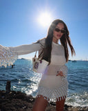 Daiiibabyyy  Pearl Corchet Mini Dress Women Summer Party Long Sleeve Knitting Dresses Cover Up Elegant Slim Vestidos Holiday Beach Robe