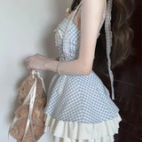 Daiiibabyyy  Women Sweet Blue Plaid Dress Sexy Backless Spaghetti Strap Slip Dress Summer Preppy Style Pleated Layered Mini Party Vestidos