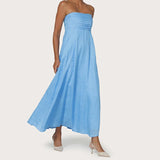 Daiiibabyyy  Women Tube Maxi Dress Ruched Strapless Bodice A Line Long Dress Elegant Lady Sleeveless Flowy Summer Sundress