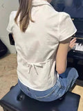 Daiiibabyyy Women White Lace Slim Blouse T Shirt 2024 Summer Cotton Turn-down Collar Short Sleeve Tees Solid Simple Sweet Tops Y2K Clothes