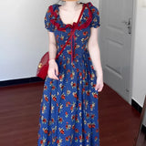 Daiiibabyyy  women's blue bubble sleeve floral dress women's summer sweet pinched waist floral  long dress