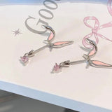 Daiiibabyyy  1Pcs Cute Pink Rabbit Ear Stud Y2K Zircon Artistic Sweet Design Unique Exquisite Beautiful Ear Bones Earrings Women's Jewelry