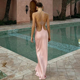 Daiiibabyyy  Elegant Halter Sleeveless Evening Long Dress Women's Sexy Backless Solid Satin Party Dress Fashion Hollow Out Summer Maxi Dress