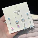 DAIIIBABYYY  -  Blue Pink Butterfly Bow Pearl Stud Earrings Set for Women Fish Tail Aurora Planet INS Korean Fashion Sweet Girls Earring Jewelry