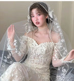 Daiiibabyyy  Wedding Bridal Veil Lace Pearl Trim Elegant Bride Headpiece for Wedding Ceremony Bridal Photoshoot,Lightweight Tulle Bridal Veil