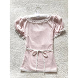 DAIIIBABYYY  -  Kawaii Pink T Shirt Women Japanese Cute Bow Lace Up Tops Summer Y2K Korean Fashion Lace Patchwork Puff Short Sleeve Tees