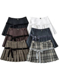 DAIIIBABYYY  -  Sweet Hot Girl Retro College Style Plaid Pleated Short Skirts Women's Summer High Waist Slim Bow Lace-up Anti-exposure Skirt