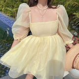 DAIIIBABYYY  -  Little Fresh Short Skirt Super Fairy Princess Skirt Summer Retro Square Neck Bubble Sleeves Light Yellow Fluffy Skirt