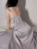 Daiiibabyyy Spring Sexy Silk Strap Dress Women French Elegant Party Fairy Dress Backless Lace Long Dresses Women Court Vintage Korean