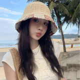DAIIIBABYYY  -  Korean Fashion Contrasting Color Flanged Bucket Hats Women Summer Travel Versatile Sunscreen Breathable Woven Basin Caps