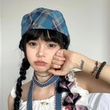 Daiiibabyyy Original Bow Contrasting Color Plaid Newsboy Hats for Women Show Face Summer Thin Versatile Sunscreen Vintage Berets Cap Y2k