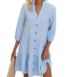 Daiiibabyyy  Summer Woman Dress Pleated Midi Light Blue Dresses Gingham Print Three Quarter Sleeve Casual Dress Ruffle Hem Button Down Dress