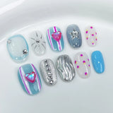 Daiiibabyyy 10PCS Blue Press on Nails Short Round Fake Nails with Glue Y2k Sweet Cool Cute False Nails with Designs Y2k Metal Handmade Nails