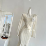 DAIIIBABYYY  -  Spring and Autumn Thickened Stretch Square Neck Long-sleeved Lace Long Dresses Women's Solid Color 3D Flower Slim Fishtail Dress