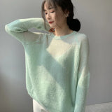 Daiiibabyyy   -  Sexy Transparent Hollow Out Women Sweaters Round Collar Long Sleeve Loose Thin Knitted Pullovers Candy Color Tops