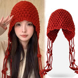 Daiiibabyyy  Korean Winter Wool Tassel Knitted Ear Protection Hat for Women Winter Warm Crochet Earmuffs Caps Girl Pullover Beanie Bonnet