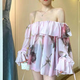 DAIIIBABYYY  -  Spring New Women Pure Desire Wind One Shoulder Loose Shirt Pink Flower Printing Ruffles Thin Style Chiffon All-match Tops