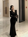 Daiiibabyyy  Black Long Sleeve Chic Ruffled Lace V-Neck Evening Gown Women Elegant Luxury Mermaid Dress Autumn Winter New French Dresses