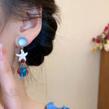 Daiiibabyyy  Resin Starfish Dangle Earrings for Women Colorful Glaze Simulated Cat's Eye Stone Eardrop Seaside Holiday Trendy Party Jewelry V