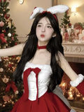 DAIIIBABYYY  -  Japan Christmas Outfit For Women Sexy New Year Halloween Holiday Dresses Bunny Cosplay Velvet Red Dress Santa Party Performance