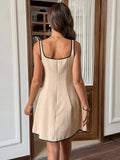 Daiiibabyyy  Beige Sleeveless Square Neck Mini Dress With Black Edge Detailing, Fitted Waist A-Line Cut, Chic Casual Summer Style